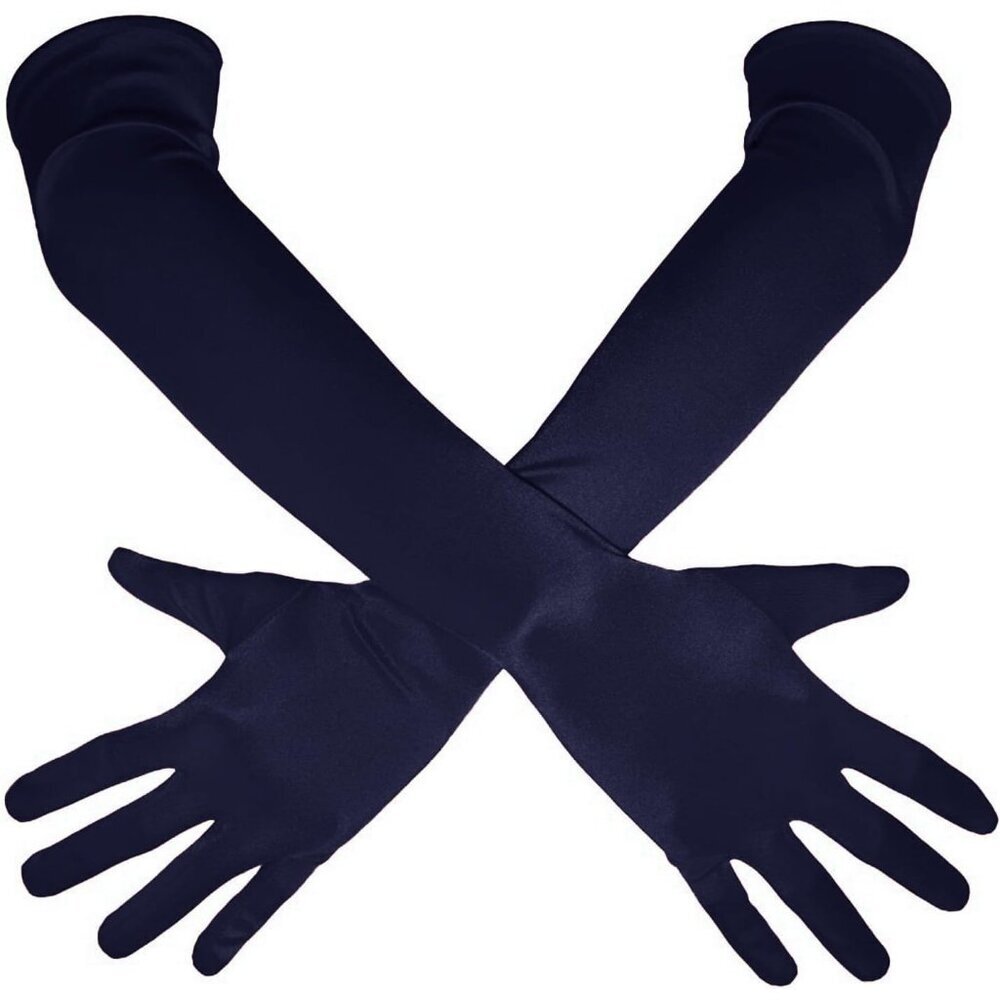Women's Navy Shiny Satin Long Gloves Elbow Length Wedding Dancing Party Tea